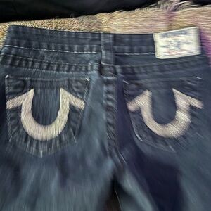True Religion Women’s Navy Slim Straight Jeans with White Horseshoe Stitch